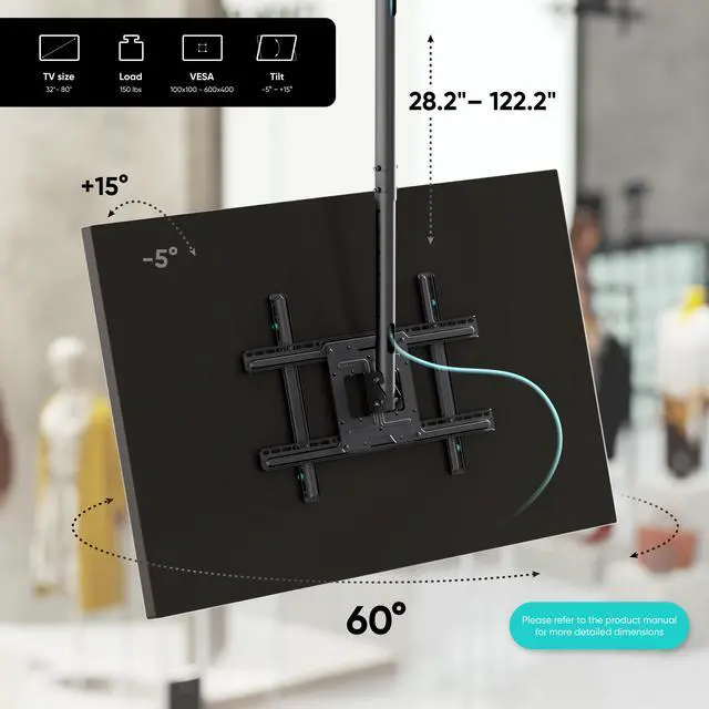Alt view image 5 of 7 - Ceiling TV Mount 32-80 Inch, max 150 lbs, max VESA 600x400, Black | Extra long ceiling TV bracket with 28.2-122.2" height adjustment, swivel, tilt; wall/ceiling setup for home theater &