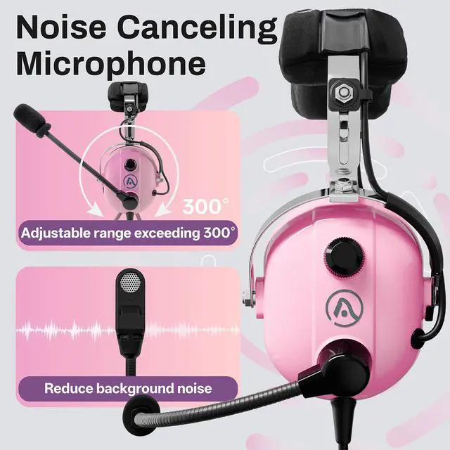 Alt view image 3 of 7 - Aviation Headset for Pilots with Mono Sound and Passive Noise Cancellation, PNR Aviation Headset with Noise Canceling Microphone, for Flight School Student, Instructor, Pink