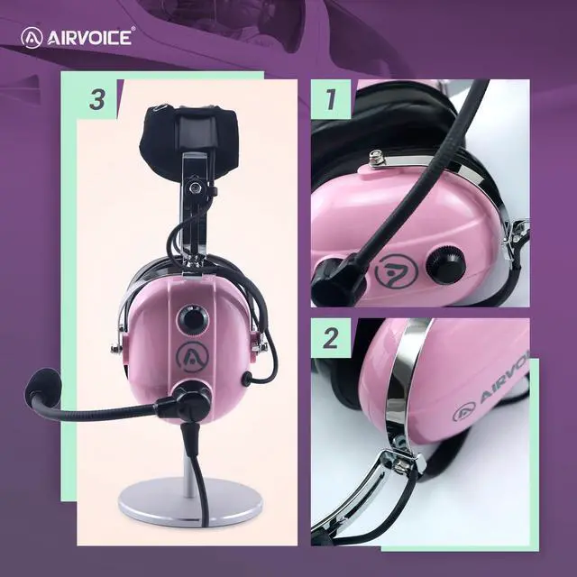 Alt view image 5 of 7 - Aviation Headset for Pilots with Mono Sound and Passive Noise Cancellation, PNR Aviation Headset with Noise Canceling Microphone, for Flight School Student, Instructor, Pink