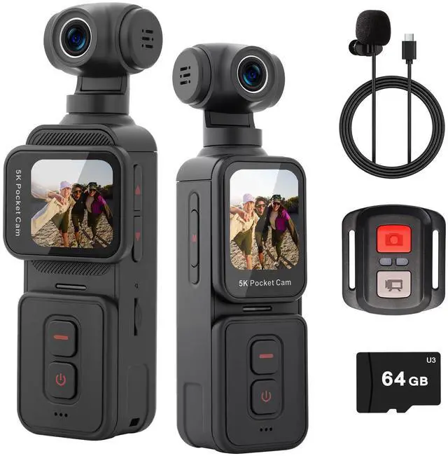Main image of 5K Pocket Vlogging Camera with Face Tracking, 64GB Card | Vlog Body POV Camera, Action Cam 5K, WiFi, Electronic 270° Rotating Lens, Touch Screen, Remote Control, External MIC