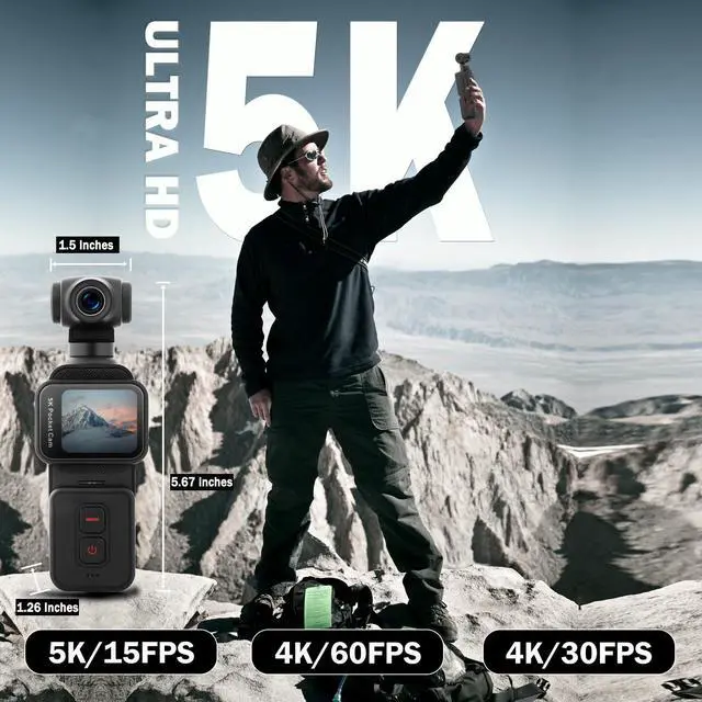 Alt view image 2 of 7 - 5K Pocket Vlogging Camera with Face Tracking, 64GB Card | Vlog Body POV Camera, Action Cam 5K, WiFi, Electronic 270° Rotating Lens, Touch Screen, Remote Control, External MIC