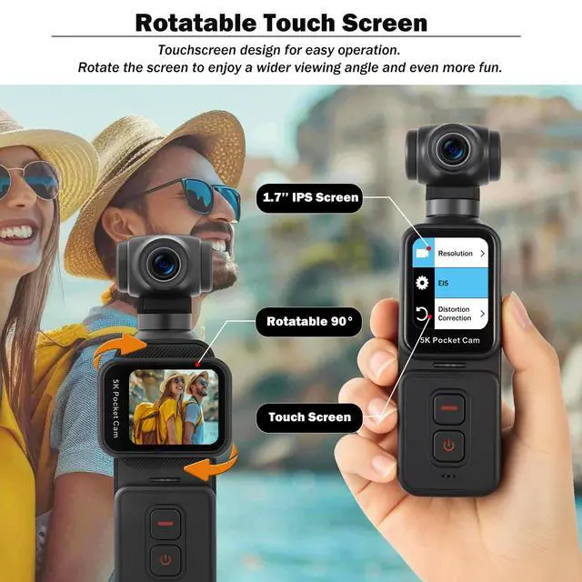 Alt view image 3 of 7 - 5K Pocket Vlogging Camera with Face Tracking, 64GB Card | Vlog Body POV Camera, Action Cam 5K, WiFi, Electronic 270° Rotating Lens, Touch Screen, Remote Control, External MIC