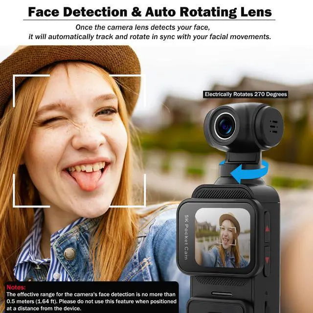 Alt view image 4 of 7 - 5K Pocket Vlogging Camera with Face Tracking, 64GB Card | Vlog Body POV Camera, Action Cam 5K, WiFi, Electronic 270° Rotating Lens, Touch Screen, Remote Control, External MIC