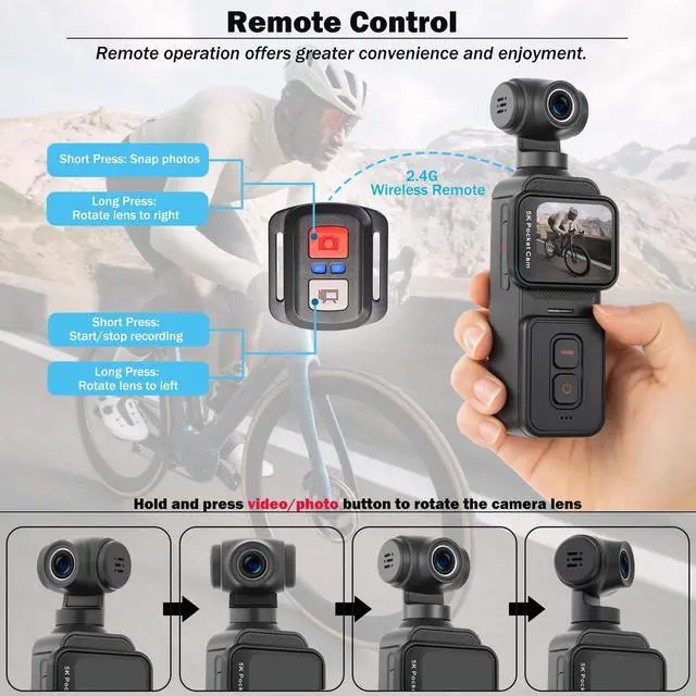Alt view image 6 of 7 - 5K Pocket Vlogging Camera with Face Tracking, 64GB Card | Vlog Body POV Camera, Action Cam 5K, WiFi, Electronic 270° Rotating Lens, Touch Screen, Remote Control, External MIC