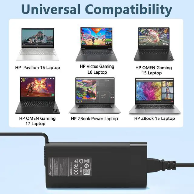 Alt view image 6 of 6 - 150W Laptop Charger Compatible with HP ZBook 15 16 17 15U 15V Fury G7 G8,Studio Power G9/G8/G7/G6/G5/G4/G3,OMEN Pavilion Victus AC Adapter Power Supply Cord