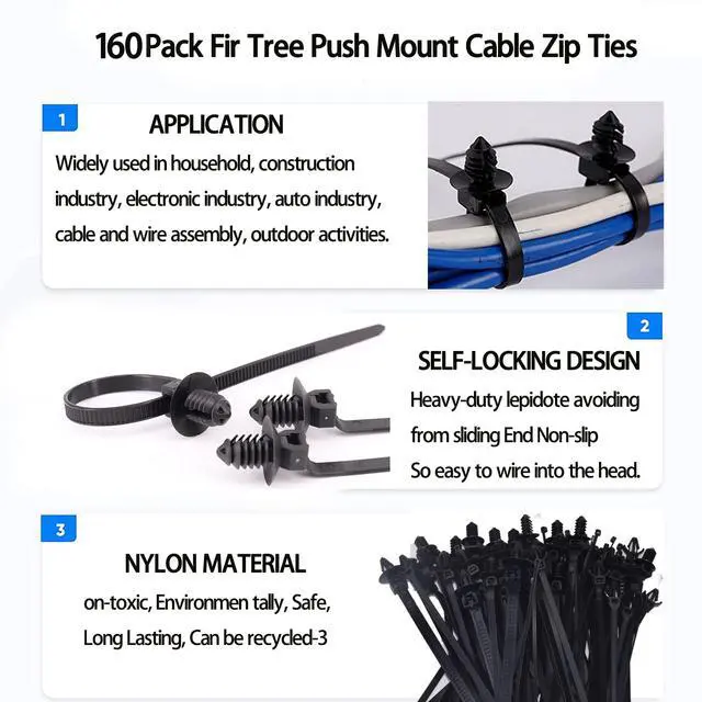 Alt view image 3 of 7 - 160Pcs Universal Nylon Push Mount Cable Zip Tie, Self Locking Cable Strap,Heavy Duty Nylon Push Mount Self Locking UV Resistant,5 Most Popular Sizes,for Indoor Wire Tying Construction Auto ect
