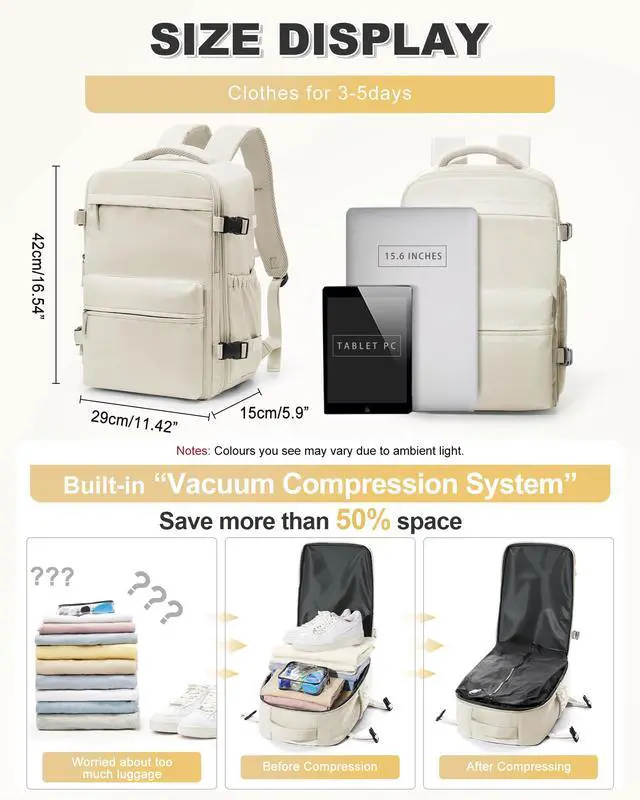Alt view image 2 of 7 - Vacuum Backpack Travel Essentials with Air Pump Compression Bags for Travel Carry on Flight Approved Seal Vacpack Personal Item Backpack with Vacuum System for Women Men Beige