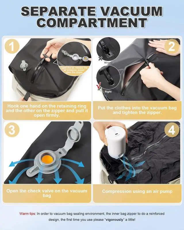 Alt view image 3 of 7 - Vacuum Backpack Travel Essentials with Air Pump Compression Bags for Travel Carry on Flight Approved Seal Vacpack Personal Item Backpack with Vacuum System for Women Men Beige