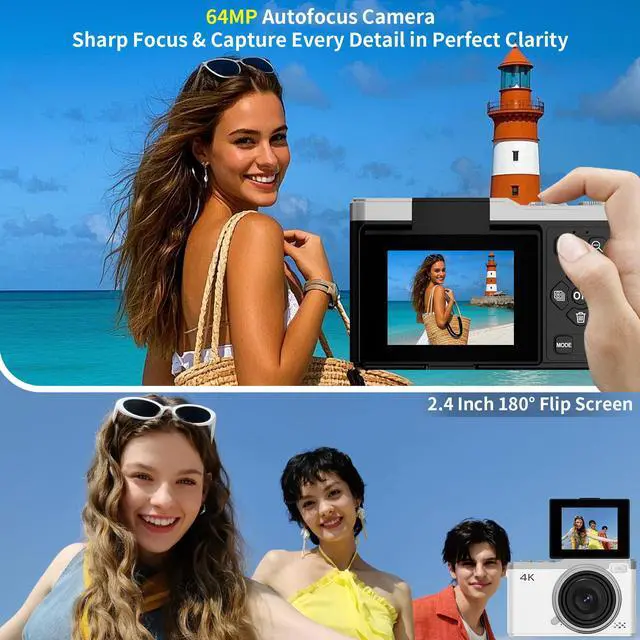 Alt view image 3 of 7 - 4K Digital Camera for Photography, 64MP Point and Shoot Digital Cameras with 16X Digital Zoom, 2.4 180°Flip Screen Compact Travel Camera Auto Focus Vlogging Camera for YouTube Video (White)