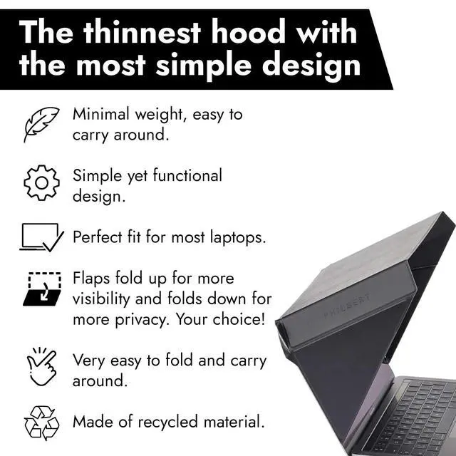 Alt view image 3 of 7 - 4-in-1 Laptop Screen Shade Original Slim Hood Sun, Privacy, Heat & Contrast Protection, Lightweight & Travel-Friendly, Fits 1214 MacBook & PC, Patented, Black