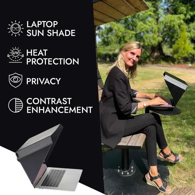 Alt view image 2 of 7 - 4-in-1 Laptop Screen Shade Original Slim Hood Sun, Privacy, Heat & Contrast Protection, Lightweight & Travel-Friendly, Fits 1214 MacBook & PC, Patented, Black