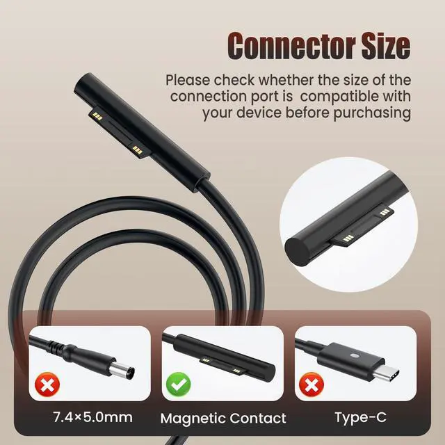 Alt view image 3 of 7 - Surface Pro Charger 44W Compatible with Microsoft Surface Pro 7 6 5 4 3, Surface Laptop 3 2 1, Surface Go, Surface Book Power Adapter 15V 2.58A Magnetic Connector with USB Port, Replacement Charger