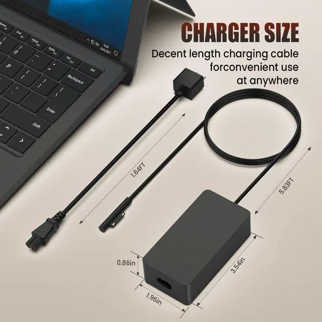 Alt view image 7 of 7 - Surface Pro Charger 44W Compatible with Microsoft Surface Pro 7 6 5 4 3, Surface Laptop 3 2 1, Surface Go, Surface Book Power Adapter 15V 2.58A Magnetic Connector with USB Port, Replacement Charger