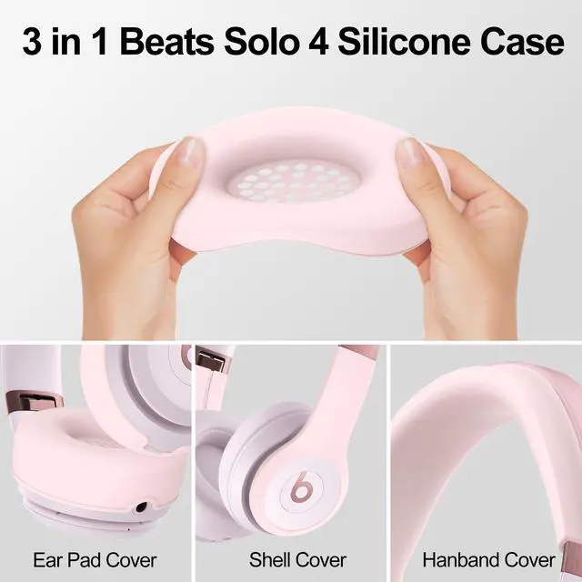Alt view image 4 of 7 - 3 in 1 Silicone Case for Beats Solo 4 Headphones, Protective Silicone Covers for Beats Solo 4 Shell/Ear Pad/Headband Cover, Accessories Silicone Skin Protector for Beats Solo4 - Pink