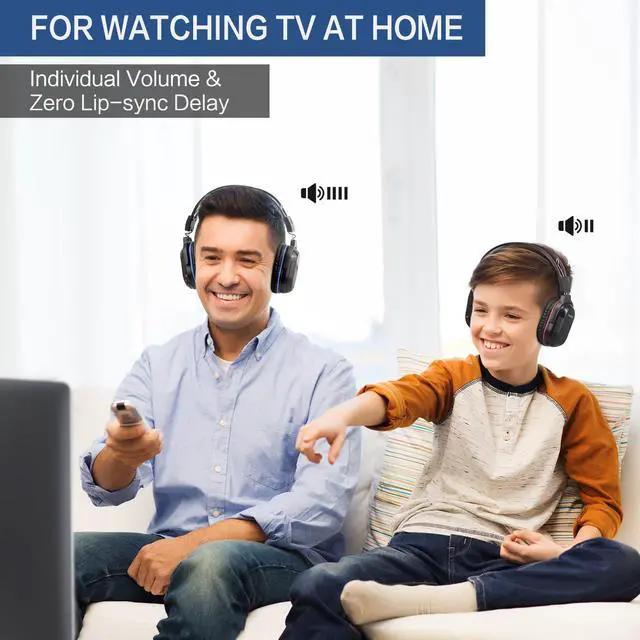 Alt view image 3 of 7 - Dual Wireless Headphones for TV with Transmitter, 2 Channel IR TV Headphones for Home Theater/Outdoor Movie/Car DVD, Tone Control & Optical/RCA/AUX Support, Plug N Play, No Audio Delay