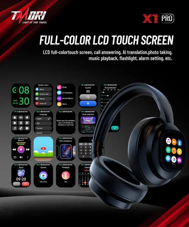 Alt view image 2 of 7 - AI Smart Headphones with Detachable Screen - 115-Language Real-Time Translation, Hybrid ANC, Bluetooth 6.0, Built-in Flashlight & Photo Control for Travel, Business & Daily Use