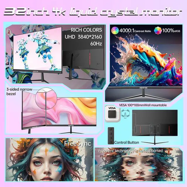 Alt view image 2 of 7 - 32 Inch 4K UHD Monitor, Computer Monitor, 4000:1 Contrast Display | 3840×2160 UHD Resolution, VA Panel, 100% sRGB, AMD FreeSync, 60Hz, HDMI 2.0 & DisplayPort 1.4, VESA 100x100mm