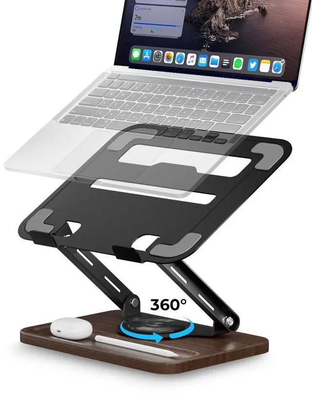 Main image of Laptop Stand for Desk, Adjustable Laptop Desk Stand with Wood Base Storage, 360° Rotating Swivel Computer Stand for Laptop, Ventilated Cooling Desktop Holder Fits up to 15.6" Notebooks/Laptops