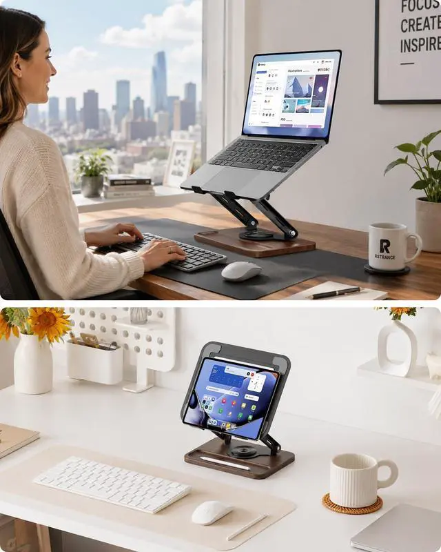 Alt view image 2 of 5 - Laptop Stand for Desk, Adjustable Laptop Desk Stand with Wood Base Storage, 360° Rotating Swivel Computer Stand for Laptop, Ventilated Cooling Desktop Holder Fits up to 15.6" Notebooks/Laptops