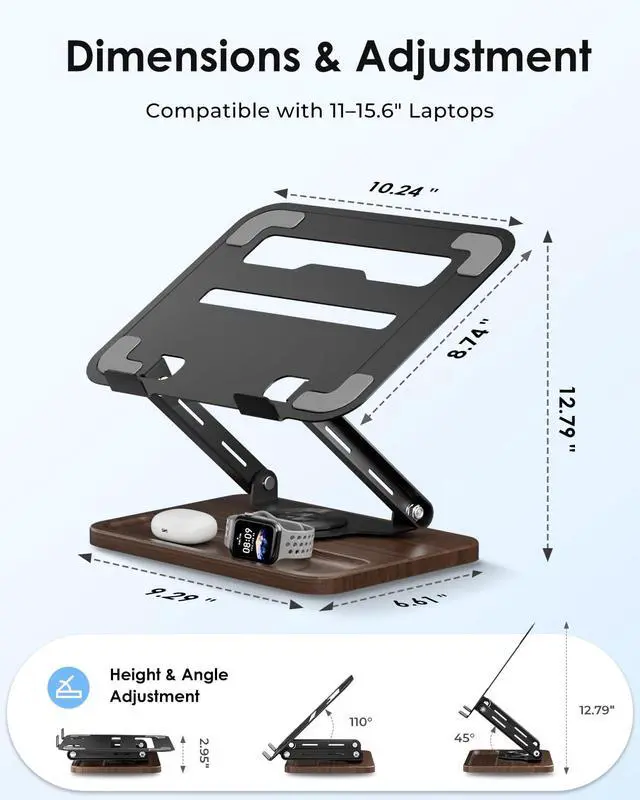 Alt view image 3 of 5 - Laptop Stand for Desk, Adjustable Laptop Desk Stand with Wood Base Storage, 360° Rotating Swivel Computer Stand for Laptop, Ventilated Cooling Desktop Holder Fits up to 15.6" Notebooks/Laptops