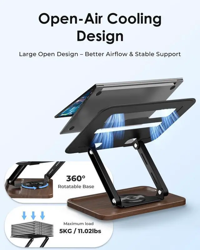 Alt view image 4 of 5 - Laptop Stand for Desk, Adjustable Laptop Desk Stand with Wood Base Storage, 360° Rotating Swivel Computer Stand for Laptop, Ventilated Cooling Desktop Holder Fits up to 15.6" Notebooks/Laptops