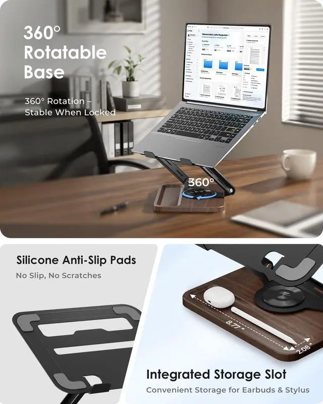 Alt view image 5 of 5 - Laptop Stand for Desk, Adjustable Laptop Desk Stand with Wood Base Storage, 360° Rotating Swivel Computer Stand for Laptop, Ventilated Cooling Desktop Holder Fits up to 15.6" Notebooks/Laptops