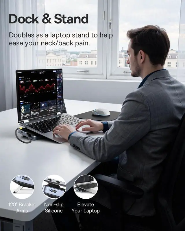 Alt view image 3 of 7 - Laptop Docking Station Stand, 12 in 1 Triple 4K Display HDMI/DP, 10Gbps USB A/C Fast Data, PD 100W, Ethernet, TF/SD, USB C Docking Station with Stand for Windows/Dell/HP/Lenovo/Asus/Acer/Mac