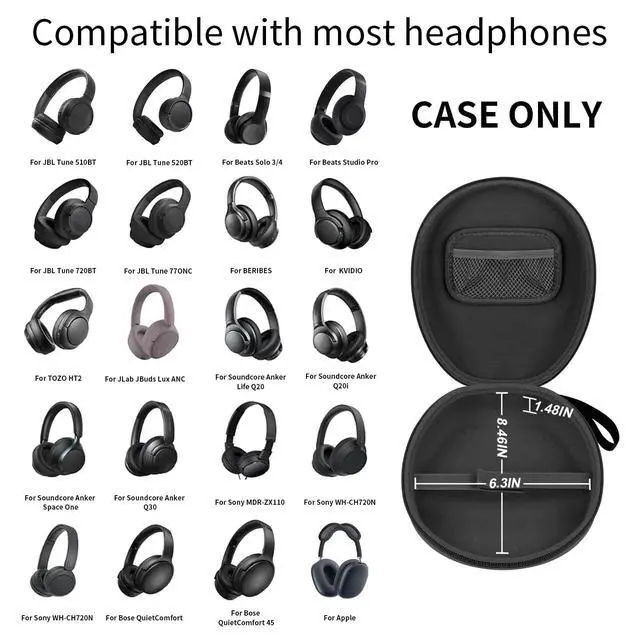 Alt view image 2 of 7 - Hard Headphone Case for Anker/for JBL/for Sony/for Beats | for Bose/ for Apple/ for JLab, Elastic Strap, Mesh Pocket, Nylon, Home, Travel, Luggage, Commuting, Case Only, Black
