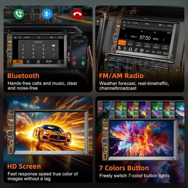 Alt view image 7 of 7 - 7" Wireless Double Din Car Stereo Carplay Radio Screen for Car Audio Receivers, Car Stereo with Backup Camera, Car Play Android Auto Touchscreen, Mirror Link, Bluetooth, AM/FM, Type-C