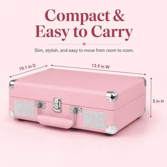 Alt view image 3 of 7 - Vinyl Record Player Bluetooth 3-Speed Portable Suitcase Turntable with Built-in Speakers, USB Recording Vinyl to MP3, RCA, AUX & Headphone Output Pink