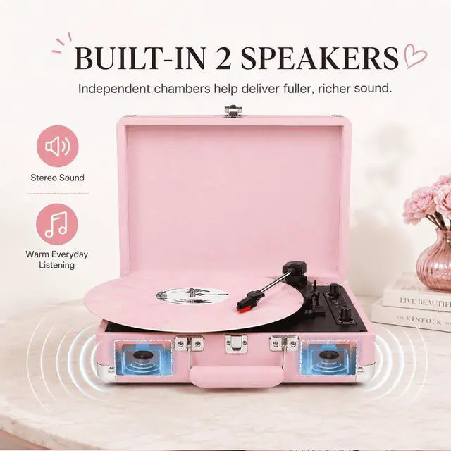 Alt view image 4 of 7 - Vinyl Record Player Bluetooth 3-Speed Portable Suitcase Turntable with Built-in Speakers, USB Recording Vinyl to MP3, RCA, AUX & Headphone Output Pink