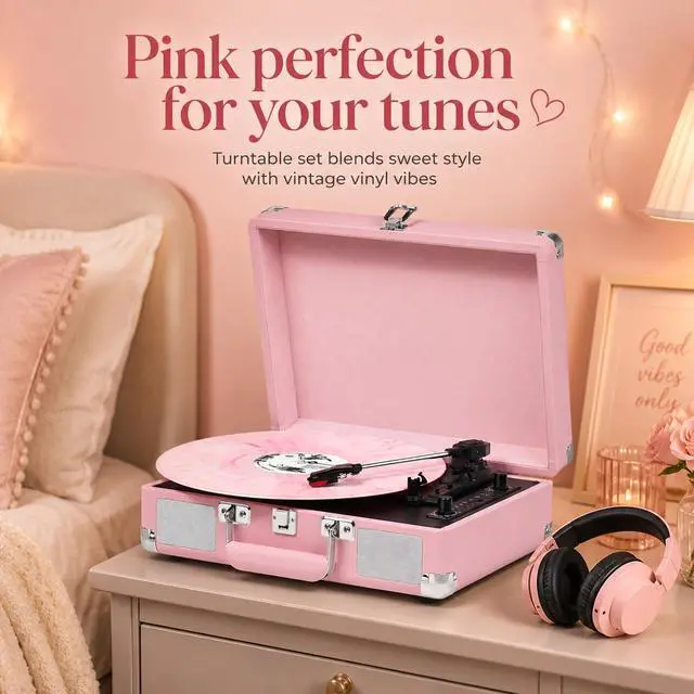 Alt view image 6 of 7 - Vinyl Record Player Bluetooth 3-Speed Portable Suitcase Turntable with Built-in Speakers, USB Recording Vinyl to MP3, RCA, AUX & Headphone Output Pink