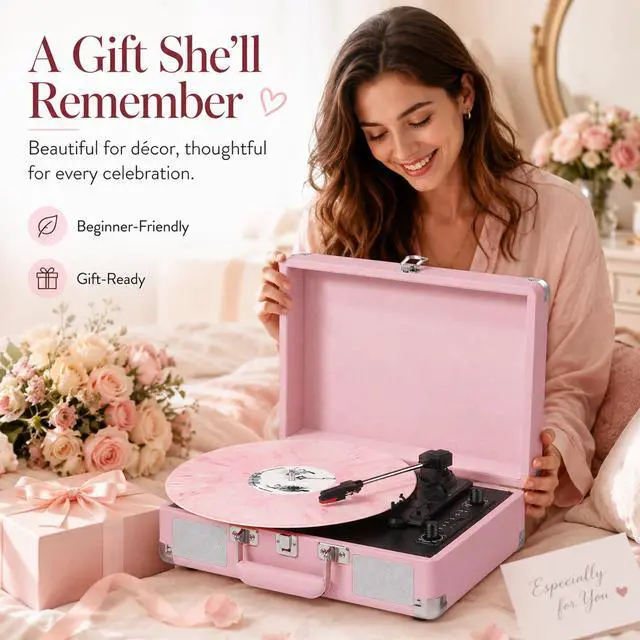 Alt view image 7 of 7 - Vinyl Record Player Bluetooth 3-Speed Portable Suitcase Turntable with Built-in Speakers, USB Recording Vinyl to MP3, RCA, AUX & Headphone Output Pink