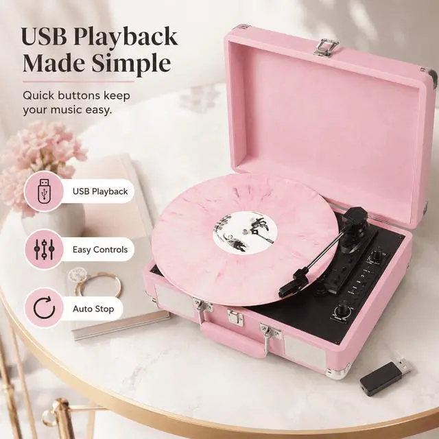 Alt view image 5 of 7 - Vinyl Record Player Bluetooth 3-Speed Portable Suitcase Turntable with Built-in Speakers, USB Recording Vinyl to MP3, RCA, AUX & Headphone Output Pink
