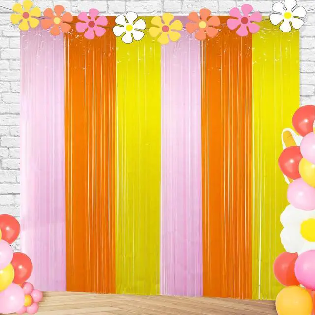 Main image of Groovy Foil Fringe Curtains Backdrop Birthday Party Decorations, 2 Pack | 3.28 x 6.56 Ft Orange Yellow Pink Tinsel Streamers Photo Booth Props for Hippie Retro Boho Themed Party Decor Supplies Favors