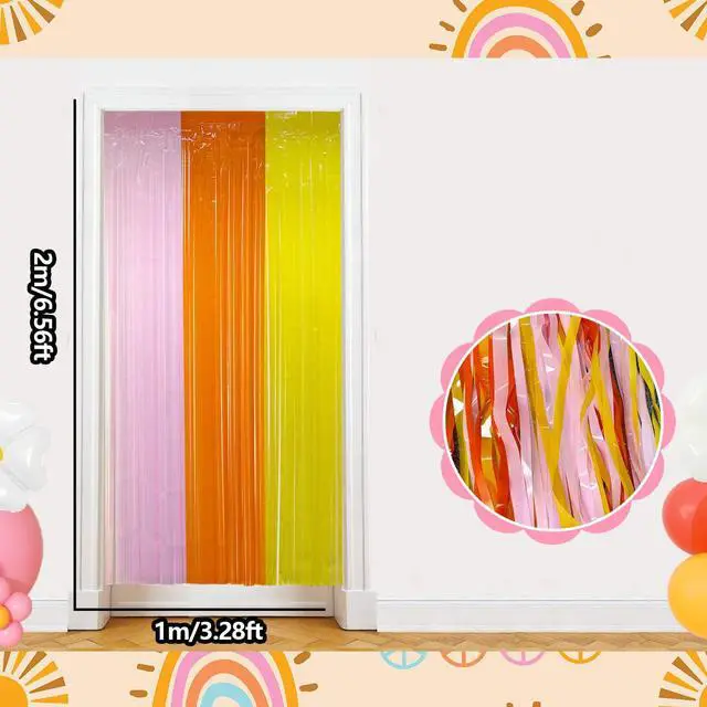 Alt view image 2 of 5 - Groovy Foil Fringe Curtains Backdrop Birthday Party Decorations, 2 Pack | 3.28 x 6.56 Ft Orange Yellow Pink Tinsel Streamers Photo Booth Props for Hippie Retro Boho Themed Party Decor Supplies Favors