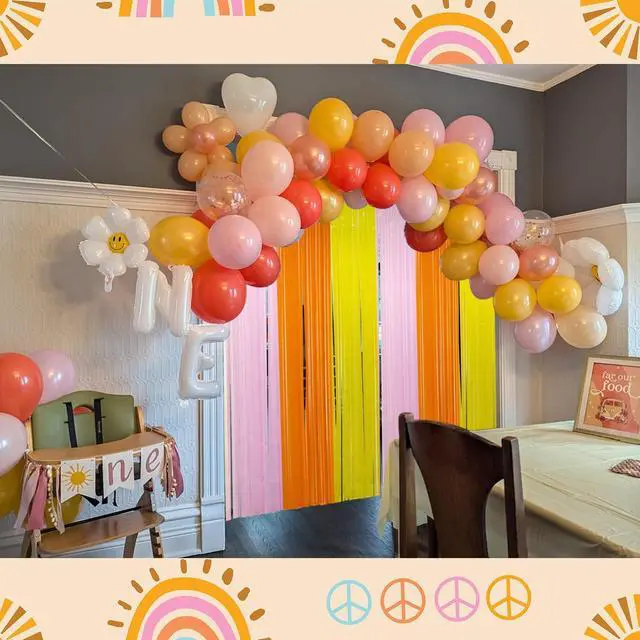 Alt view image 4 of 5 - Groovy Foil Fringe Curtains Backdrop Birthday Party Decorations, 2 Pack | 3.28 x 6.56 Ft Orange Yellow Pink Tinsel Streamers Photo Booth Props for Hippie Retro Boho Themed Party Decor Supplies Favors