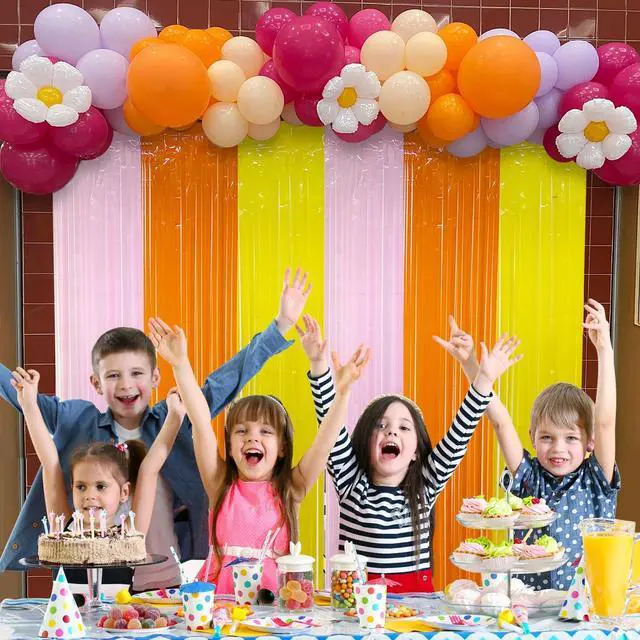 Alt view image 5 of 5 - Groovy Foil Fringe Curtains Backdrop Birthday Party Decorations, 2 Pack | 3.28 x 6.56 Ft Orange Yellow Pink Tinsel Streamers Photo Booth Props for Hippie Retro Boho Themed Party Decor Supplies Favors