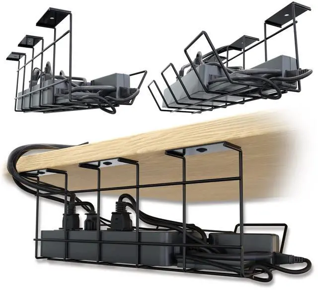 Main image of Compact Under Desk Cable Management Tray - Cable Organizer for Wire Management, Desk Wire Organizer, Cable Tray - Black Set of 2x12