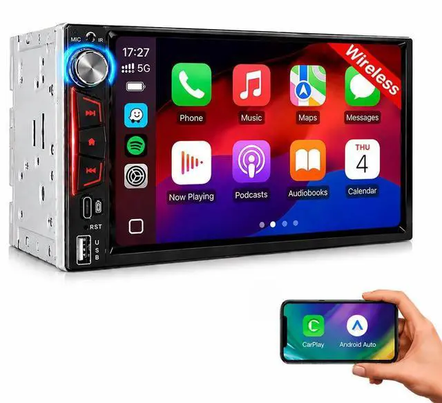 Main image of Double Din Car Stereo Apple CarPlay & Android Auto, 7 Inch IPS Touchscreen Car Radio with Bluetooth, DSP 10-Band EQ, RCA Subwoofer Output, Backup Camera Input, Volume Knob, USB-C, DC 12V