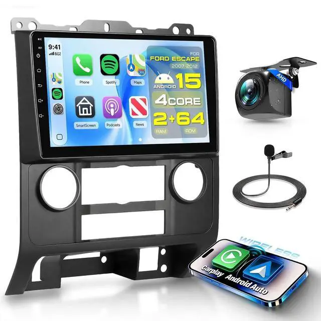 Main image of 4 Core+64G Android Car Stereo for Ford Escape/Mazda Tribute 2007-2012 | Radio with Wireless Carplay/Android Auto, 9" IPS Touchscreen Radio with GPS Wifi Bluetooth DSP/FM/RDS SWC Backup Cam