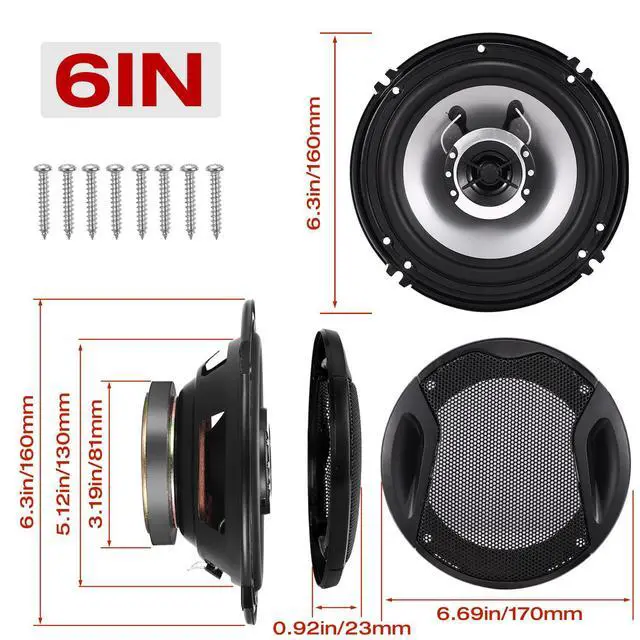 Alt view image 3 of 7 - 6in 2-Way Coaxial Car Speakers, 400W (100W RMS), w/Wire & Cover (Pair) | Universal Car Stereo Speaker Replace, Auxiliary Coaxial Speaker