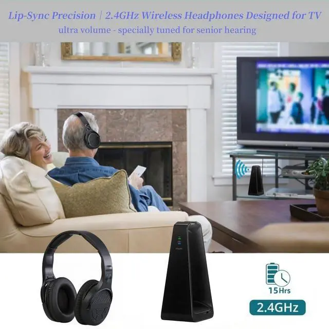 Alt view image 3 of 7 - Wireless TV Headphones for Seniors with Large Buttons, 15H Playtime & 0 Delay, 2.4GHz RF Transmitter Charging Dock, Bluetooth Over-Ear Headset, Fits Most TVs, Digital Optical(TOSLINK)/RCA/3.5mm Output