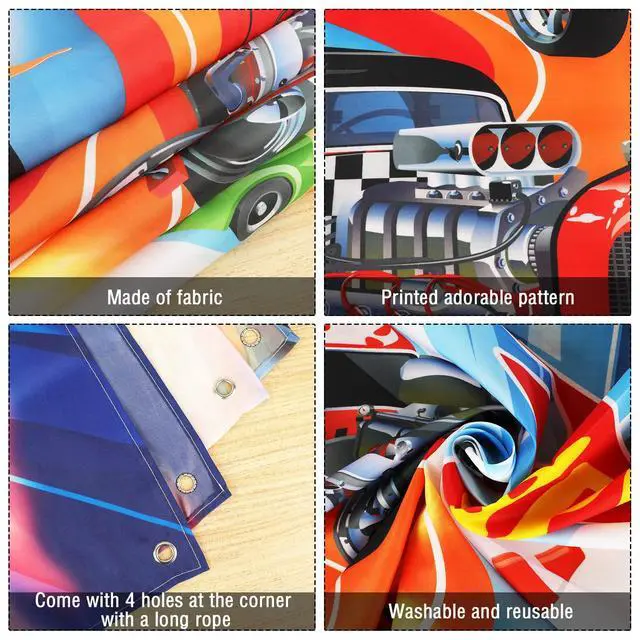 Alt view image 3 of 7 - Hot Car Birthday Party Decorations Hot Race Car Birthday Party Backdrop 5.9x3.6ft Banner Background for Boys Racing Signs for Indoor Outdoor Decorations Supplies
