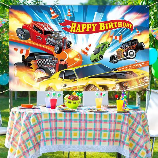 Alt view image 5 of 7 - Hot Car Birthday Party Decorations Hot Race Car Birthday Party Backdrop 5.9x3.6ft Banner Background for Boys Racing Signs for Indoor Outdoor Decorations Supplies
