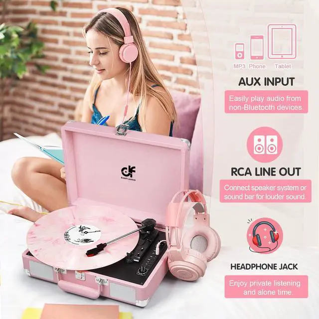 Alt view image 3 of 7 - Vintage Pink Suitcase Record Player - 3-Speed Turntable with Bluetooth, USB Recording, MP3 Converter, Speakers, Stylus