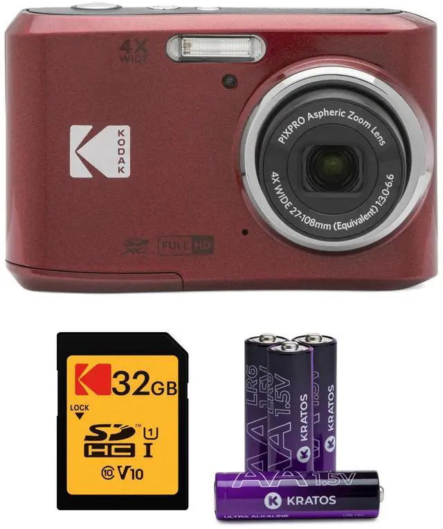 Main image of PIXPRO FZ45 Digital Camera (Red) Bundle | 32GB Class 10 UHS-I U1 SDHC Memory Card, AA High-Performance Alkaline Batteries, (3 items)