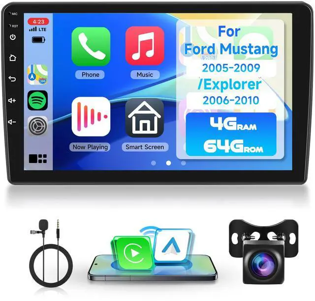 Main image of 4G+64G Android Car Stereo for Ford Explorer 2006-2010/Mustang 2005-2009, Wireless Carplay Android Auto, 9'' Touchscreen Radio with GPS Navigation BT5.0 5G-WiFi FM/RDS 32EQ Backup Camera SWC