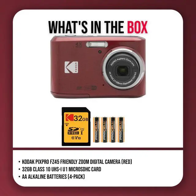 Alt view image 7 of 7 - PIXPRO FZ45 Digital Camera (Red) Bundle | 32GB Class 10 UHS-I U1 SDHC Memory Card, AA High-Performance Alkaline Batteries, (3 items)