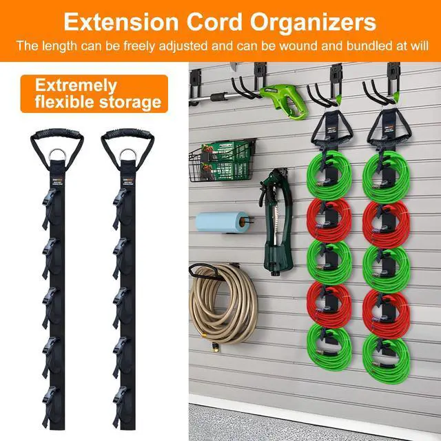 Alt view image 2 of 7 - Extension Cord Organizer Adjustable 2 PCS with 5 Slots | Adjustable Extension Cord Hanger, Extension Cord Holder, Garage Garden Storage Straps, For Cable, Hose, Rope, Tool